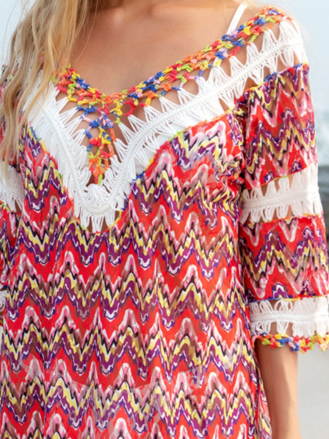 Fringe V-Neck Half Sleeve Cover-Up