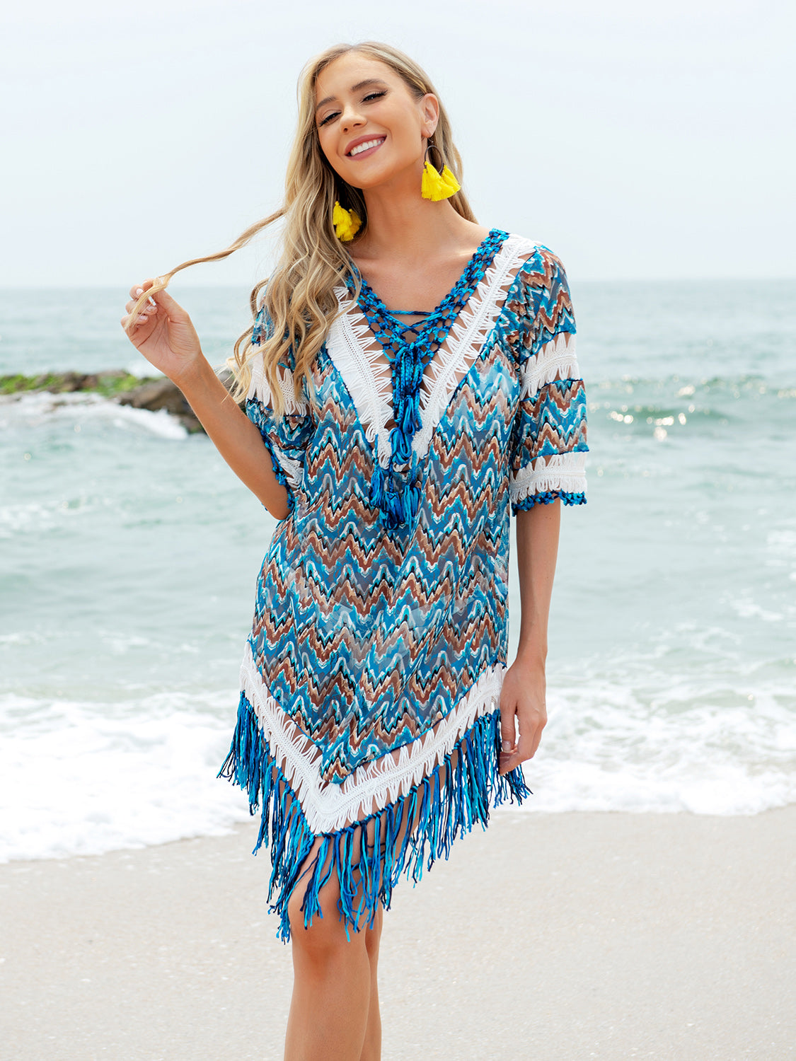 Fringe V-Neck Half Sleeve Cover-Up