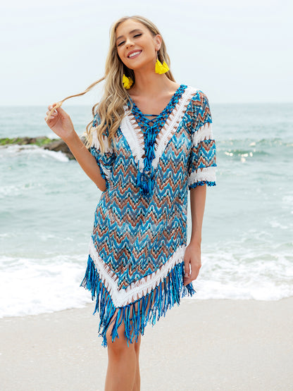 Fringe V-Neck Half Sleeve Cover-Up