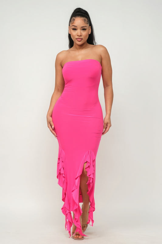 Solid Bottom Ruffle Trim Hem Slit Tube Maxi Dress